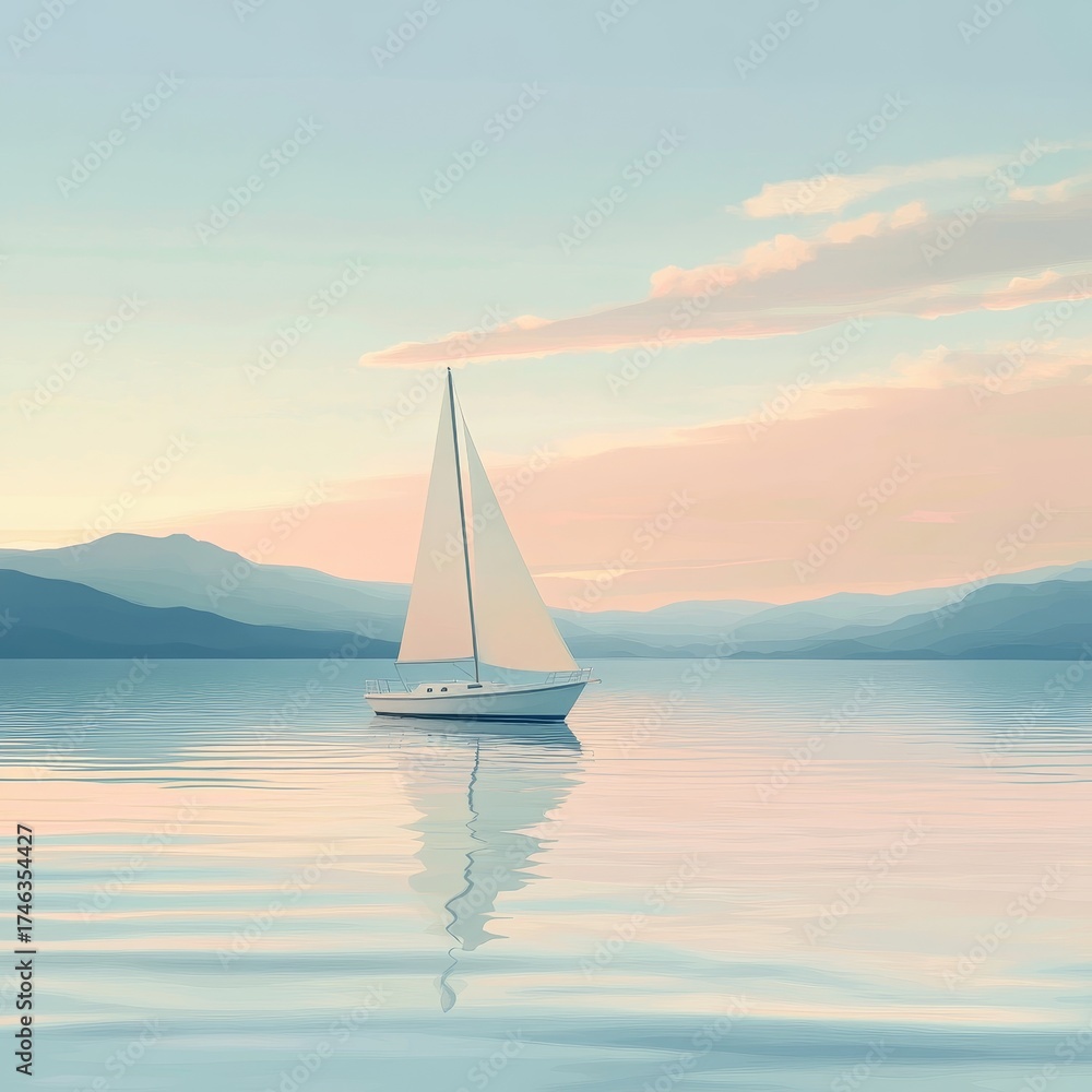 Fototapeta Sailboat is floating on a calm lake at sunset. The sky is a mix of pink and orange hues, creating a serene and peaceful atmosphere. The boat is the focal point of the scene