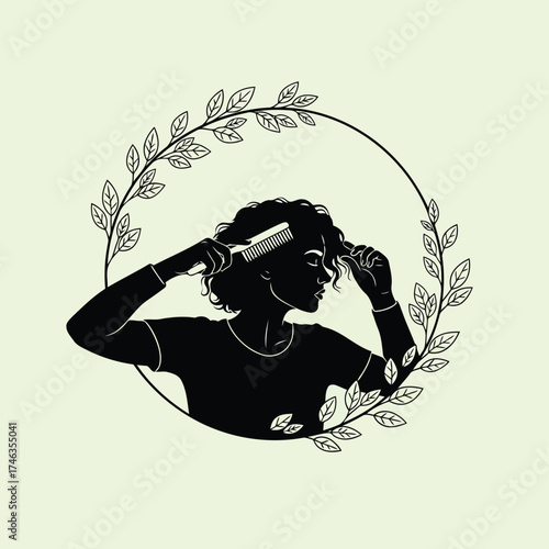 Vector illustration of silhouette of a woman combing her curly hair inside a floral wreath