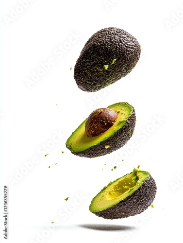 Avocado falling down isolated on white background.