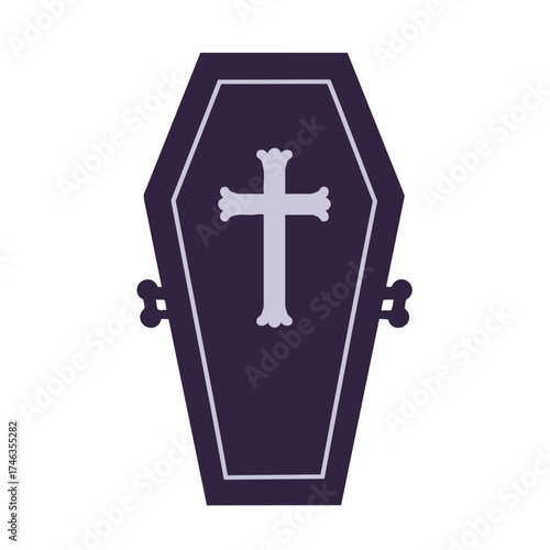 Purple coffin with boneshaped handles and a cross on its face