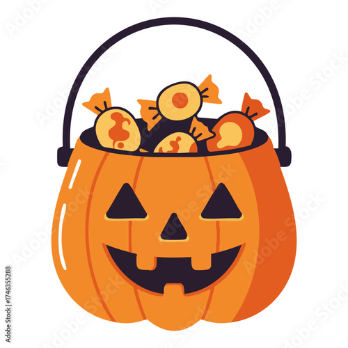 Pumpkinshaped candy bucket filled with wrapped sweets featuring a simple cutoutstyle face