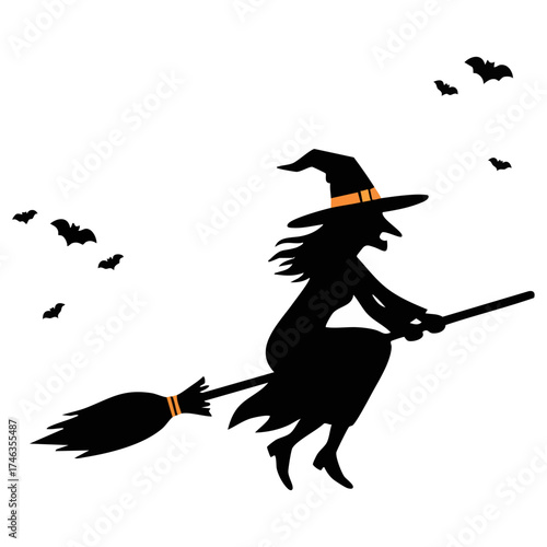 Silhouette of witch on broom bats Halloween