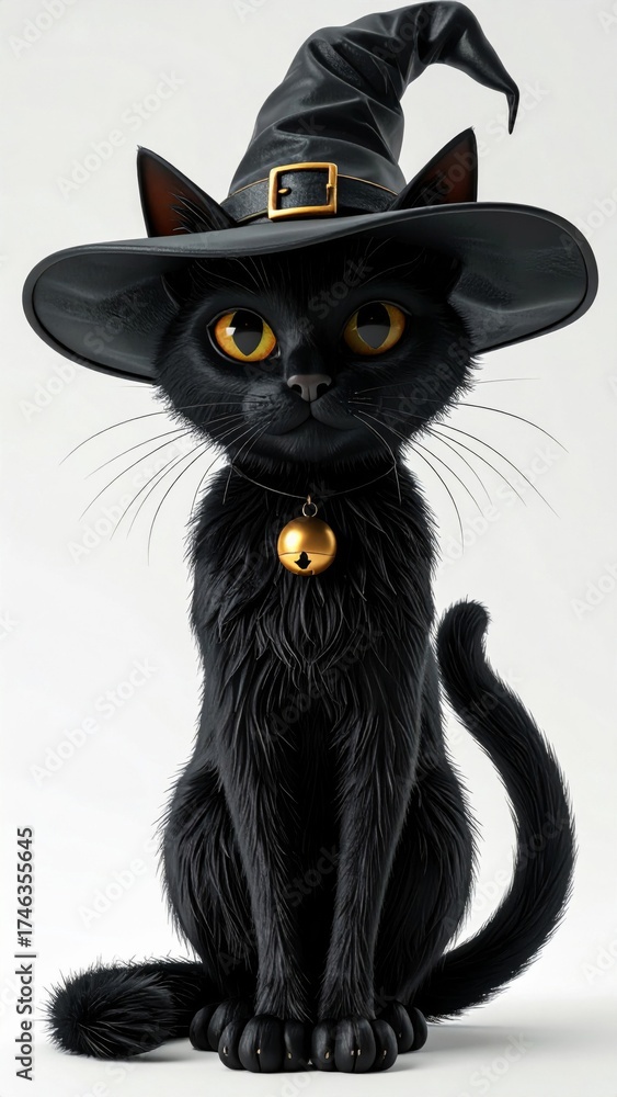 Obraz premium Glossy Black Cat in a Black Witch Hat with Gold Bell on White Background Halloween Season