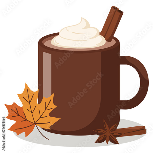 A brown mug with cream cinnamon sticks a leaf and star anise