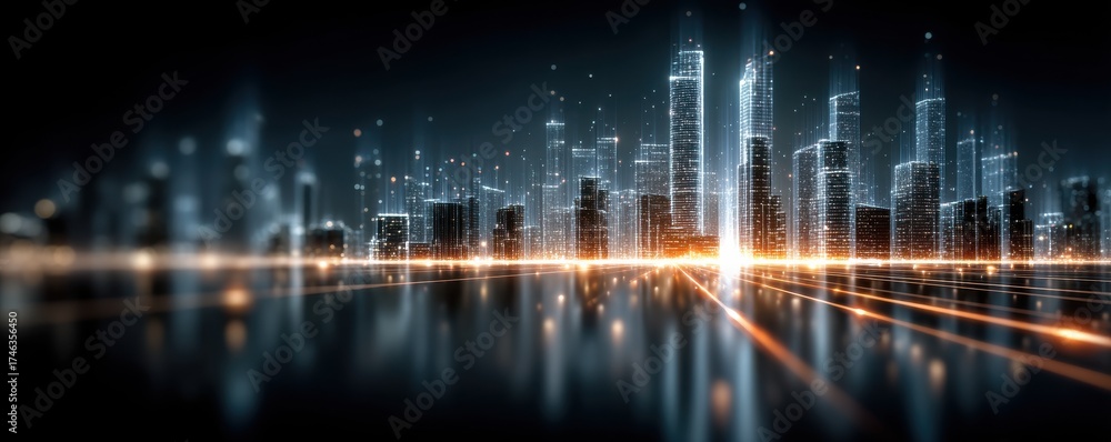 Fototapeta premium Futuristic cityscape illuminated with glowing light lines and modern architecture