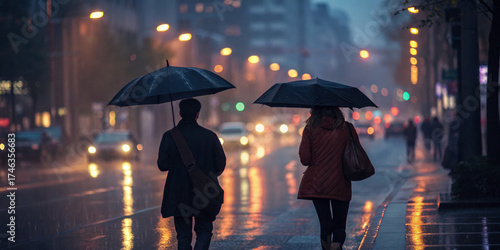 People walking in the rain with umbrellas on a city street at night.