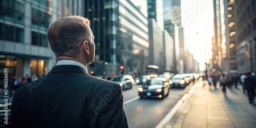 Businessman overlooking a bustling city street during a sunny day.