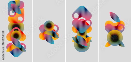 Abstract colorful shapes overlap, creating dynamic compositions. Soft gradients blend hues, forming fluid forms. Minimalist background enhances visual impact.