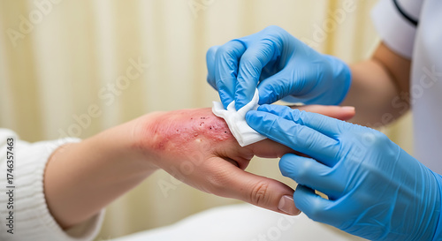 Medical professional in blue gloves gently cleans and dresses a burn wound on a patients hand with a white gauze pad.