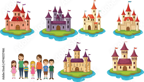 Cartoon castles illustration, fantasy architecture, children and adults group, whimsical design, medieval theme, storytelling art, colorful drawing, educational, playful, lively scen