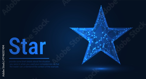 Low Poly Star Icon on Dark Blue Gradient Background. Minimalist, Geometric, and Modern Star Symbol for Digital Art, 3D Modeling, UI/UX, and Futuristic Graphics.
