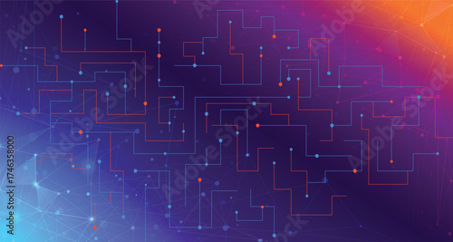 Abstract digital technology futuristic circuit blue purple orange background, Cyber science tech, Innovation communication future, Ai big data, internet network connection, Cloud hi-tech illustration