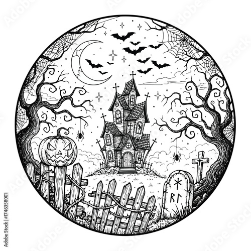 Vector illustration of spooky haunted house with jackolantern and bats on halloween night