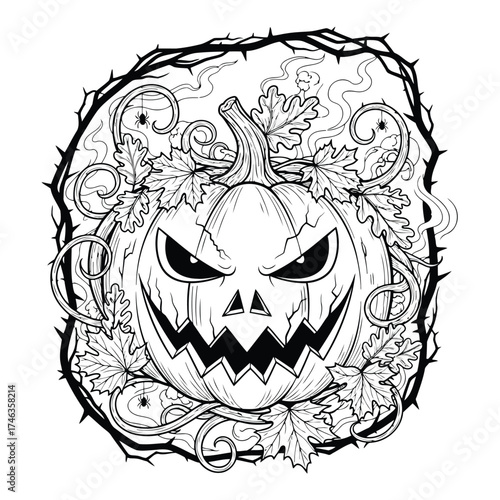 Vector illustration of scary carved pumpkin face with thorns and leaves