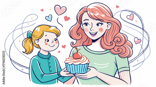 Very nice close up portrait Single continuous line drawing girl holding cupcake behind back and wants to give to mother. Thank you cake for beloved mother. National Give Someone a Cupcake Day. One 