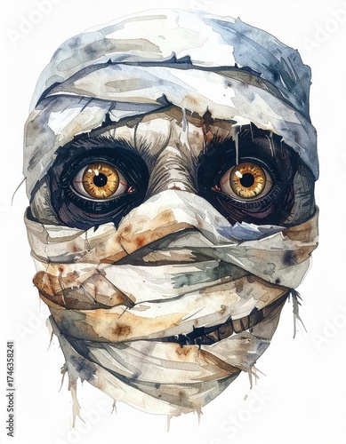 Watercolor Portrait of a Mummy with Bandages and Piercing Yellow Eyes on White Background