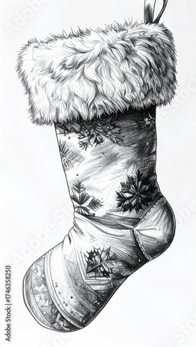 Illustration of a Vintage Christmas Stocking with Intricate Patterns and Faux Fur Cuff