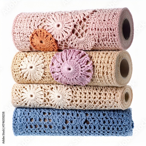 Stack of Colorful Crochet Lace Rolls on White Background Detailed Texture