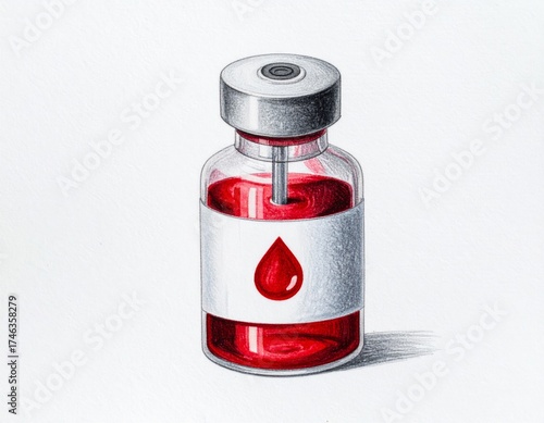 Red Liquid Vial Illustration with Metal Top and Paper Label on White Surface