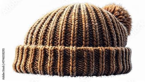 Warm Knitted Brown Wool Beanie Hat with Pom Pom on White Background
