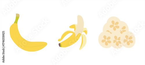 Banana fruit vector illustration set for kitchen decor, food packaging, kids, branding and healthy lifestyle design