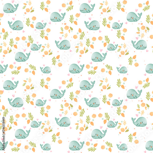 Wallpaper Mural Cute Watercolor Whale Pattern with Hearts and Sea Plants Torontodigital.ca