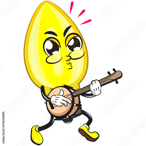 cute yellow light bulb mascot cartoon character isolated vector illustration playing the banjo musical instrumen, work of hand drawn