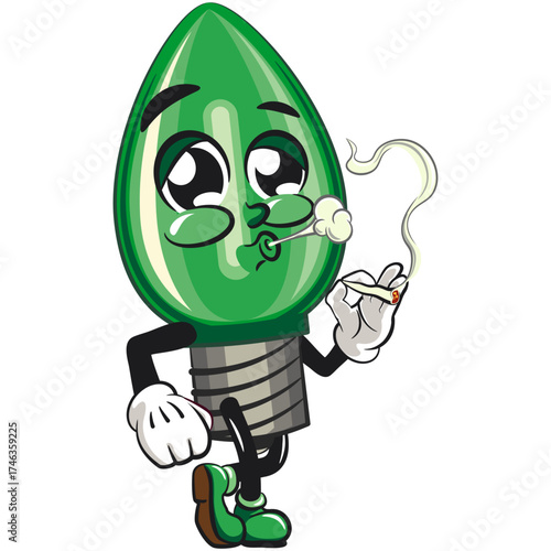 cute green light bulb mascot cartoon character isolated vector illustration smoke calmly, work of hand drawn