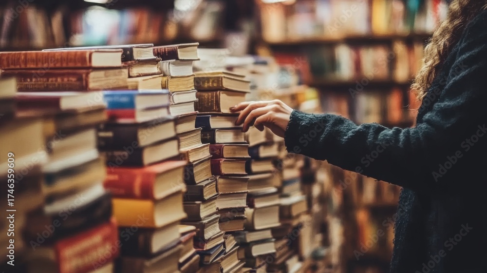 Fototapeta premium Walking past a bookshelf filled with various books in a modern interior during the day