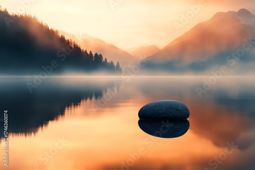 Large rock sits in the middle of a lake, surrounded by trees. The water is calm and still, reflecting the surrounding landscape. Concept of tranquility and peacefulness