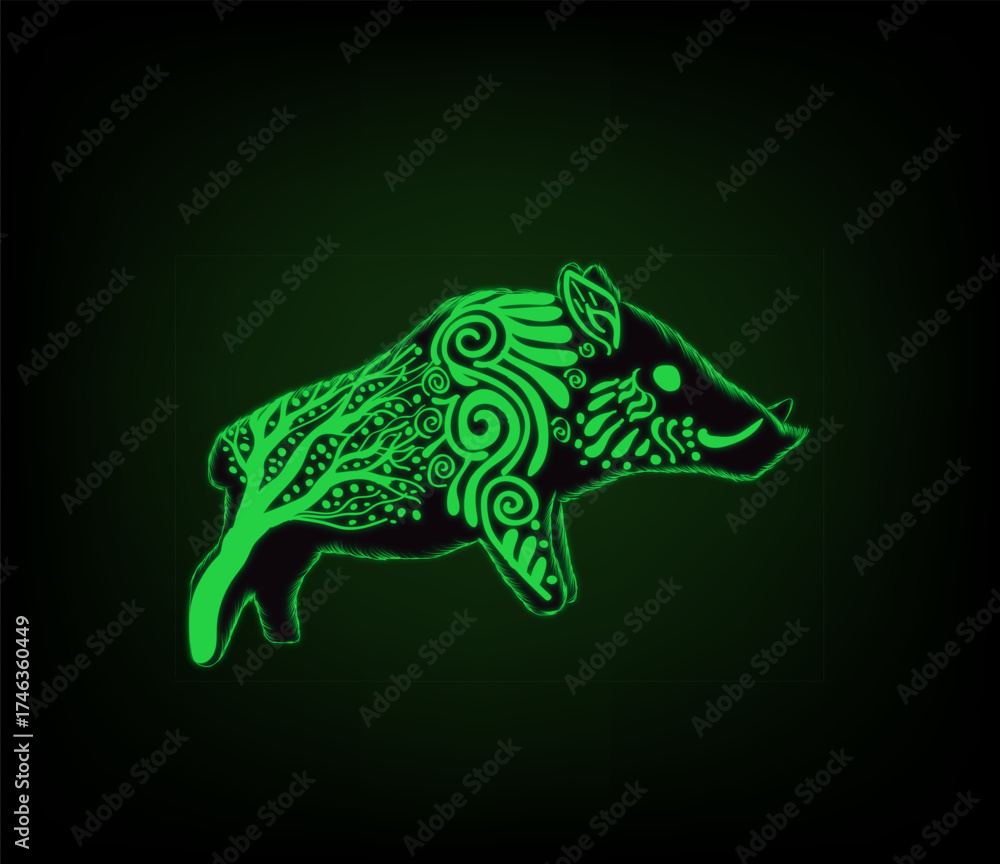 Obraz premium Striking neon green boar design with intricate tribal patterns and glowing effect. Perfect for gaming brands, esports teams, hunting clubs, or bold modern branding.