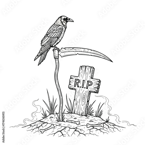 Vector illustration of raven perched on a scythe with a tombstone and bones