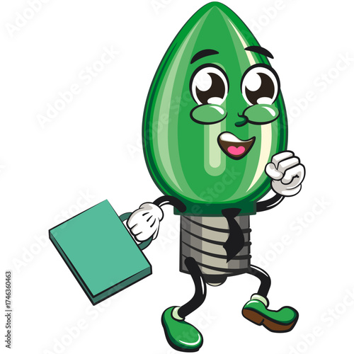 cute green light bulb mascot cartoon character isolated vector illustration wearing a tie and carrying a suitcase rushing to the office, work of hand drawn
