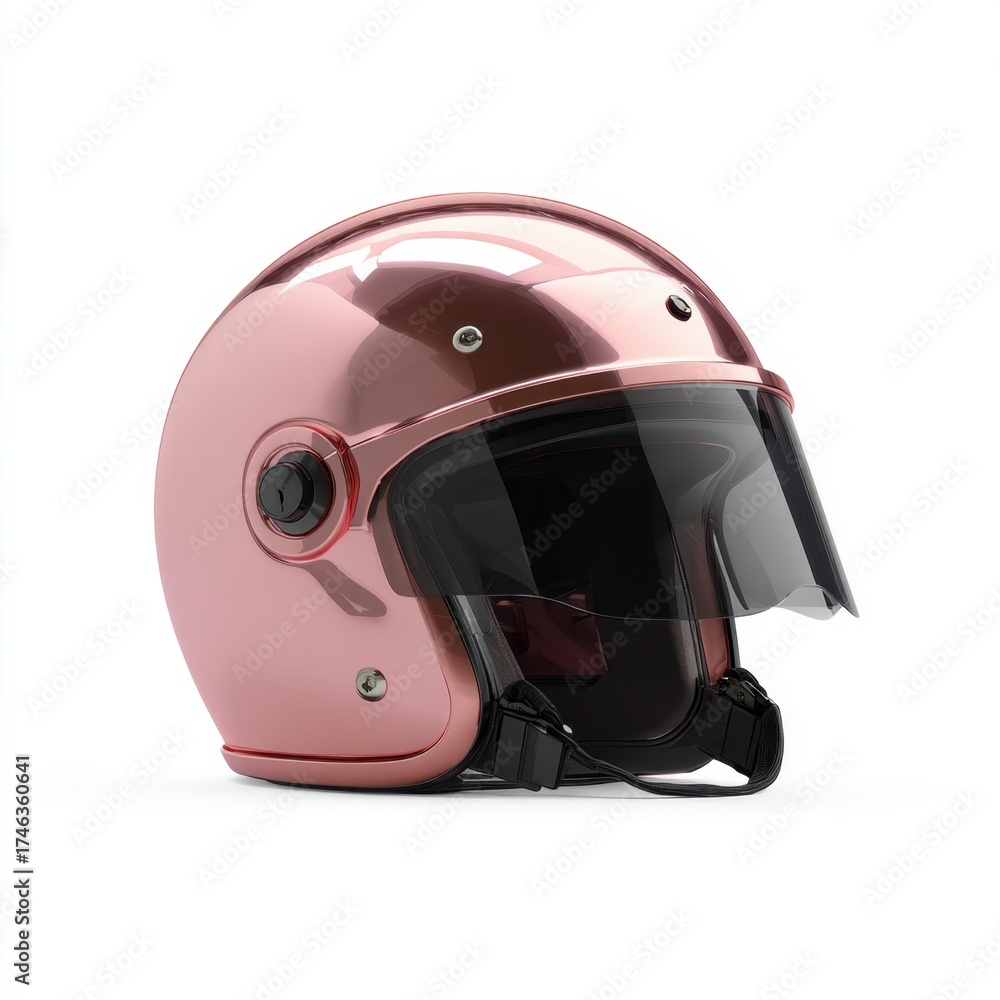 Fototapeta premium Shiny rose gold motorcycle helmet with clear visor and black chin strap on white background