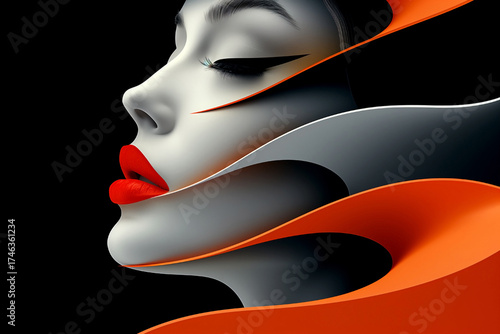 A woman's face is shown in a painting with a red lip and orange hair