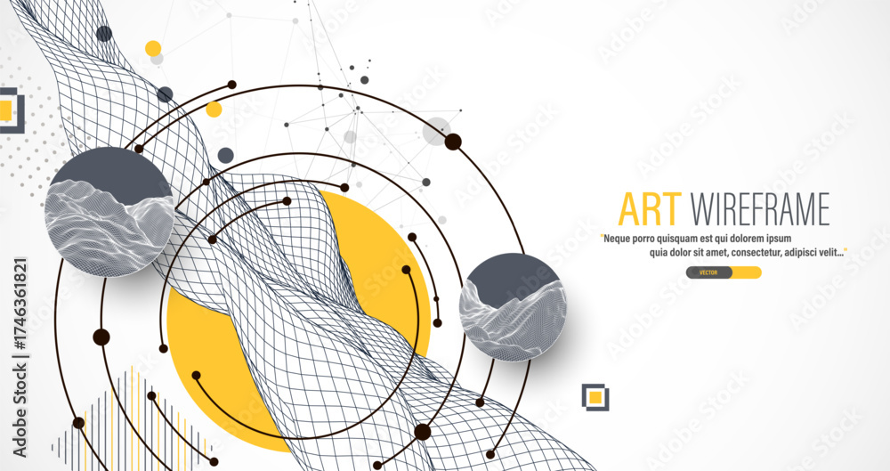 Obraz premium Abstract composition with wireframe wave, dots, and lines. Vector.