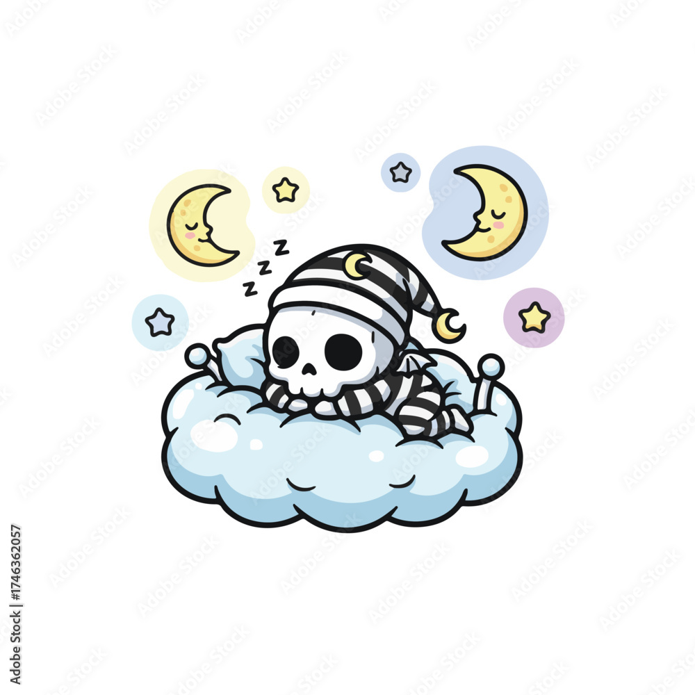 Fototapeta Adorable cartoon skeleton in striped pajamas sleeping peacefully on a fluffy cloud surrounded by smiling moons and stars in a dreamy night sky scene.