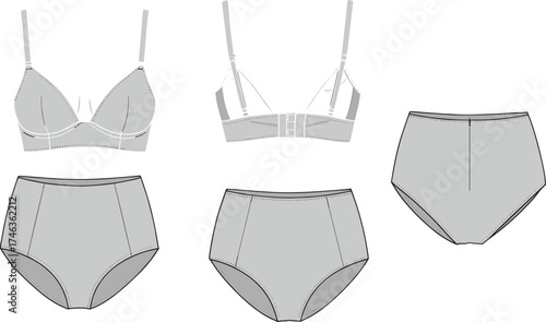 omen’s undergarment technical illustration, bra and panties design, fashion sketch, garment construction, lingerie pattern, sewing details, apparel design, professional flat drawing