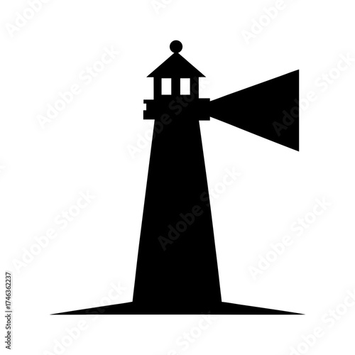 Lighthouse with beam of light silhouette guiding beacon minimal marine vector design with white background