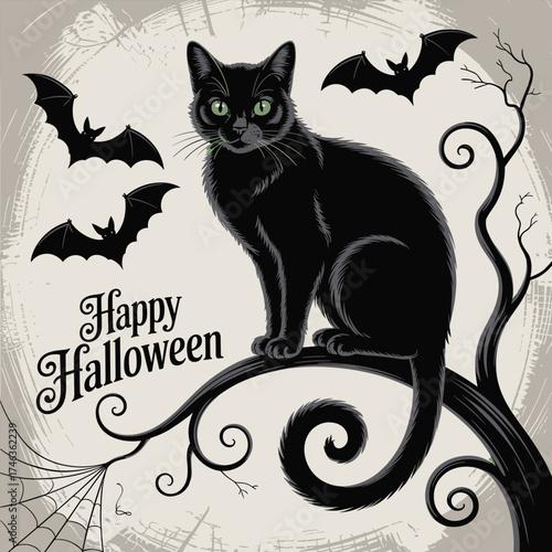 Spooky black cat and bats silhouette for happy halloween