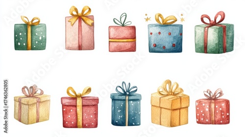 set of colorful gift boxes in watercolors