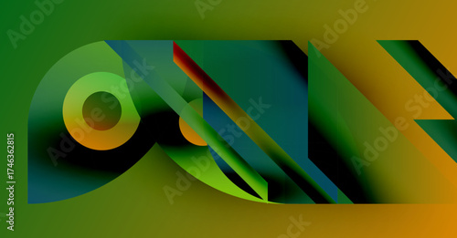 Abstract geometric shapes blend vibrant greens, yellows, plus dark hues. Composition feels dynamic, modern, visually interesting.