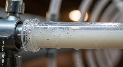 Close up of fresh animal milk flowing through pipe using modern tech on dairy farm. Automated equipment for pasteurization ensures efficient food production in agriculture