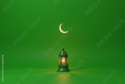 Islamic Ramadan lantern on green background 3D rendering.