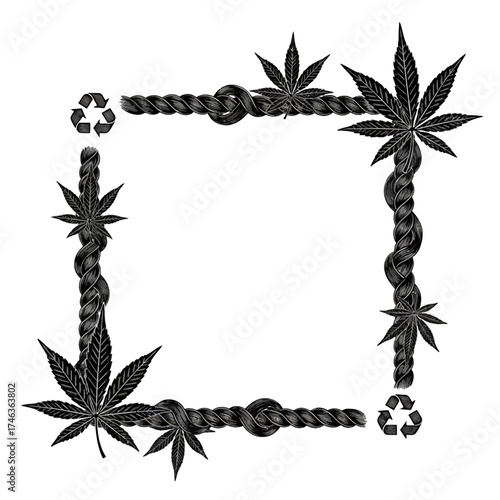 Rope and Cannabis Leaf Square Border, Hemp Frame Vector Illustration with Knots and Recycling Symbol for Natural or CBD Product Design