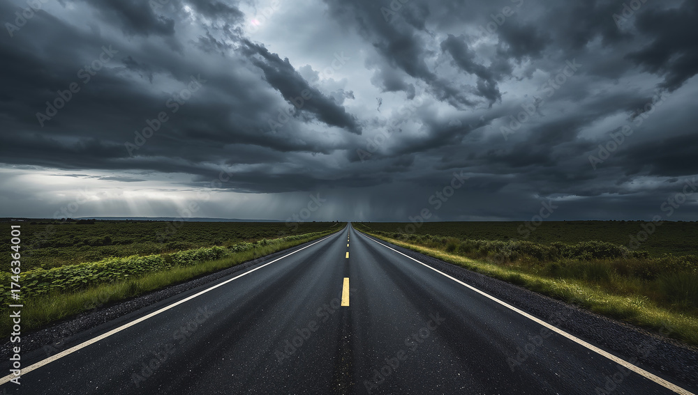 Naklejka premium Dramatic Road Under Dark Stormy Clouds Approaching