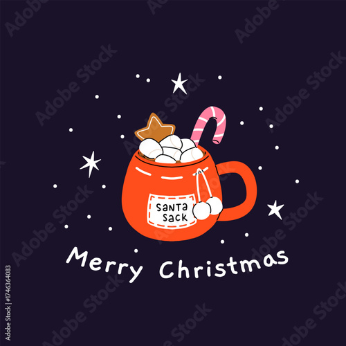 Christmas and Happy New Year greeting card. Mug and cup of hot coffee, punch, cacao with whipped cream, marshmallow and candy cane. Poster or cover design for Xmas, New year or winter holidays
