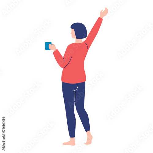 Woman Stretching in the Morning with Coffee to Start a New Day