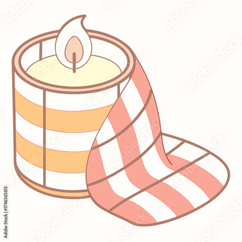 Cozy Candle Burning with Striped Decoration, with white background 