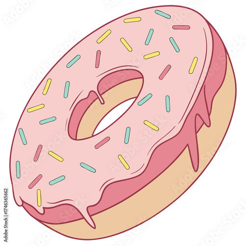 Sweet donut with pink icing and colorful sprinkles, perfect dessert.